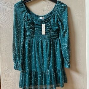 New Francesca’s Kelly Ruched Lurex Dot Dress Holiday Green Silver Glitter Sz XS